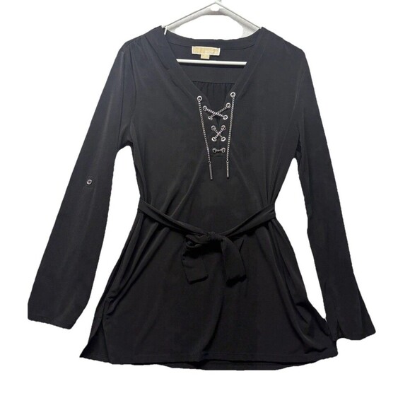 Michael Kors Sz M Black Blouse Tie With Silver Lace Chain Roll Up Long Sleeves - Picture 1 of 5